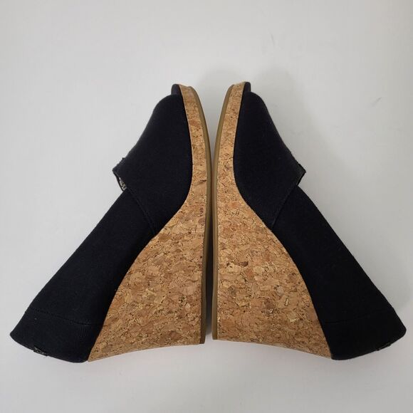 TOMS Michelle Peep Toe Wedge Cork Heels Womens 6.5 M Black Canvas Sandals - Picture 9 of 10